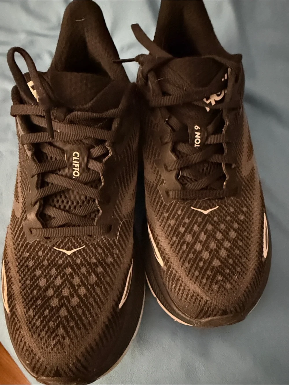 Hoka Clifton 9 Women's Running Shoes - Black and White, SIze 8.5B